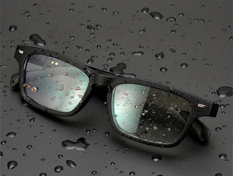 Smart glasses with PC+ABS frame, semi-open Bluetooth audio, and anti-blue light lenses for hands-free use.