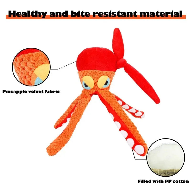 Orange octopus plush dog chew toy with textured tentacles and squeaker for dental cleaning