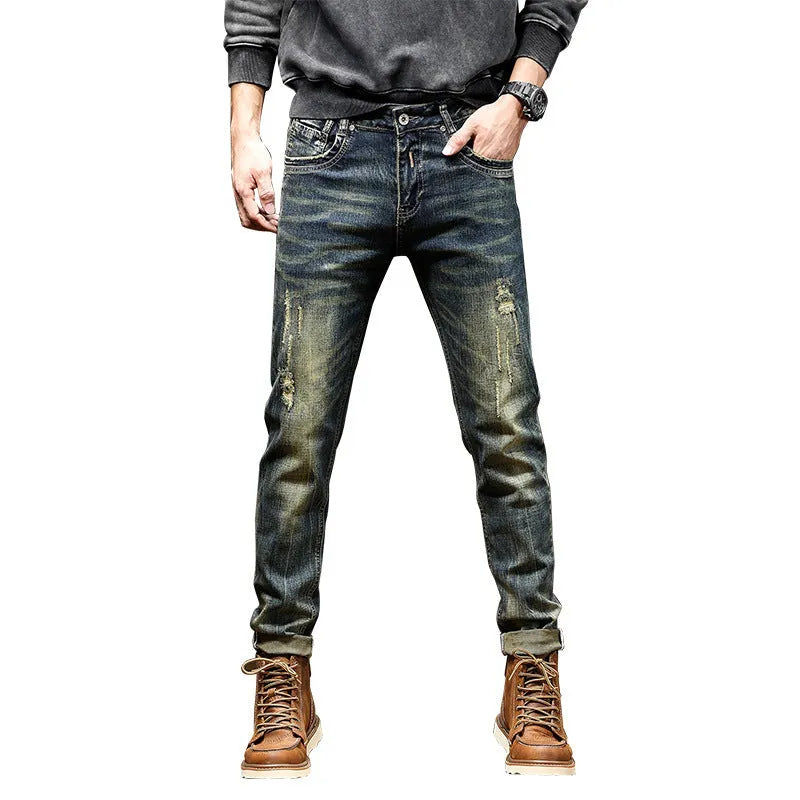Men's retro colour stretch denim jeans with zip fly, shown in a slim pencil style for casual wear