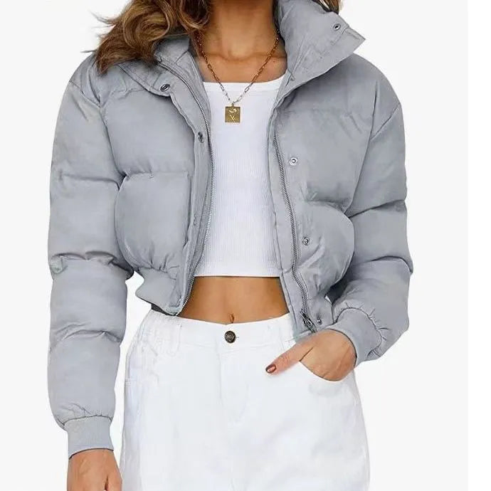 Blue loose-fit polyester jacket for women with long sleeves, shown alongside grey, black, and beige colour options.