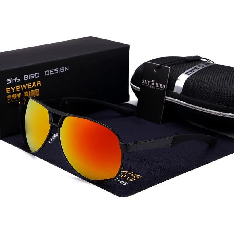 Men's polarised aviator sunglasses with orange red TAC lenses and metal frame