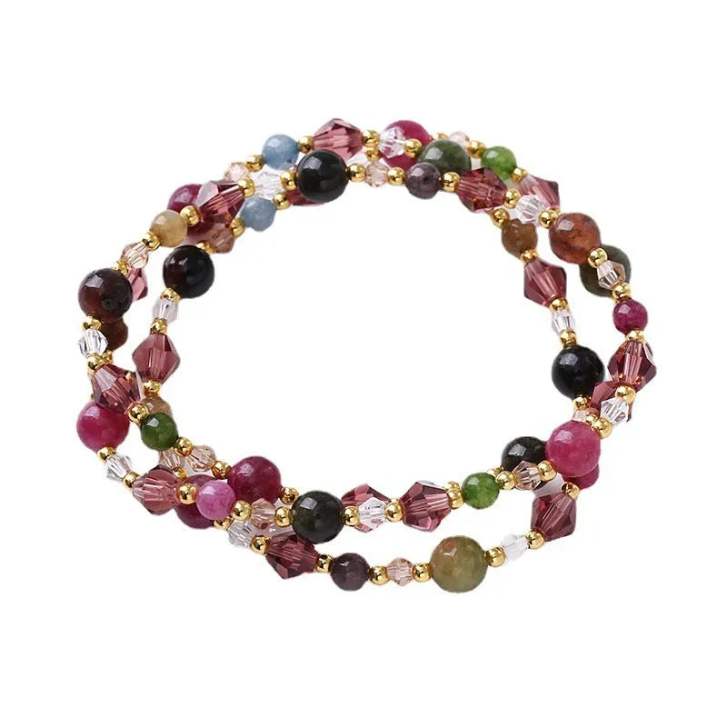 Adjustable three-ring crystal bracelet for women with 51-52cm length in amethyst, strawberry quartz, or tourmaline colours