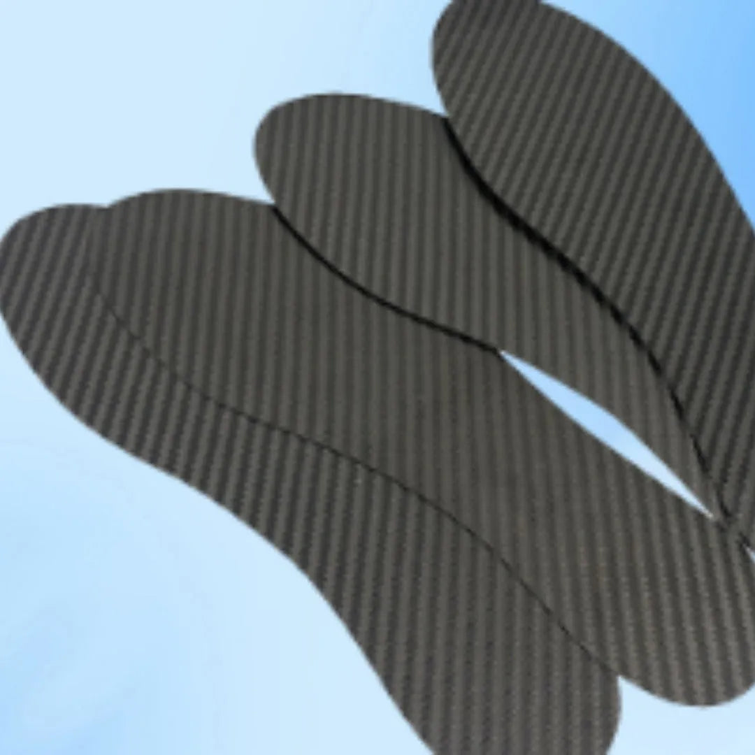 3K full palm carbon fibre running insoles showing weave pattern and thickness options for shock absorption