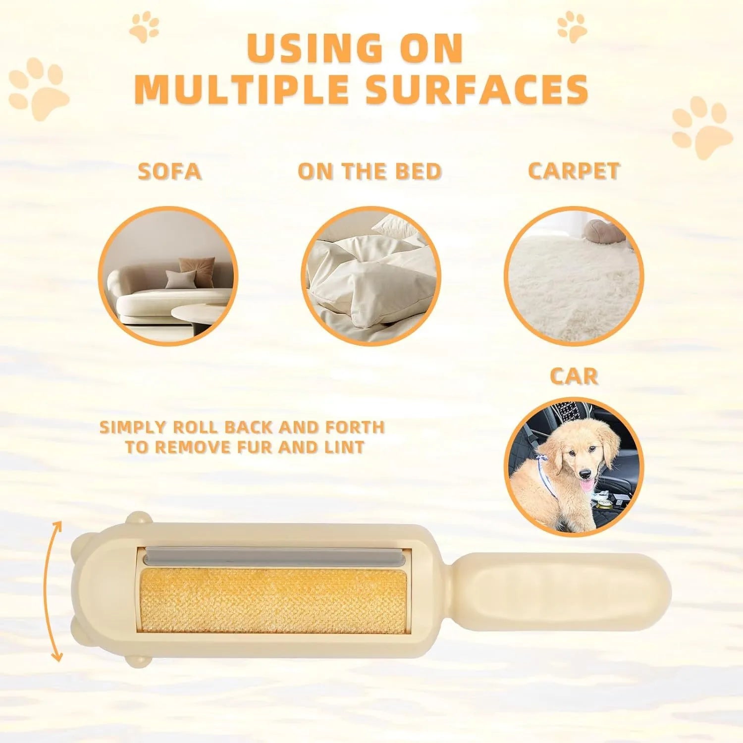Blue pet hair remover with self-cleaning base rolling on a sofa to collect dog fur