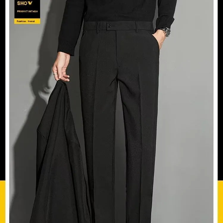 Men's straight-leg suit trousers with spring draping effect in apricot colour, showing waist to ankle design