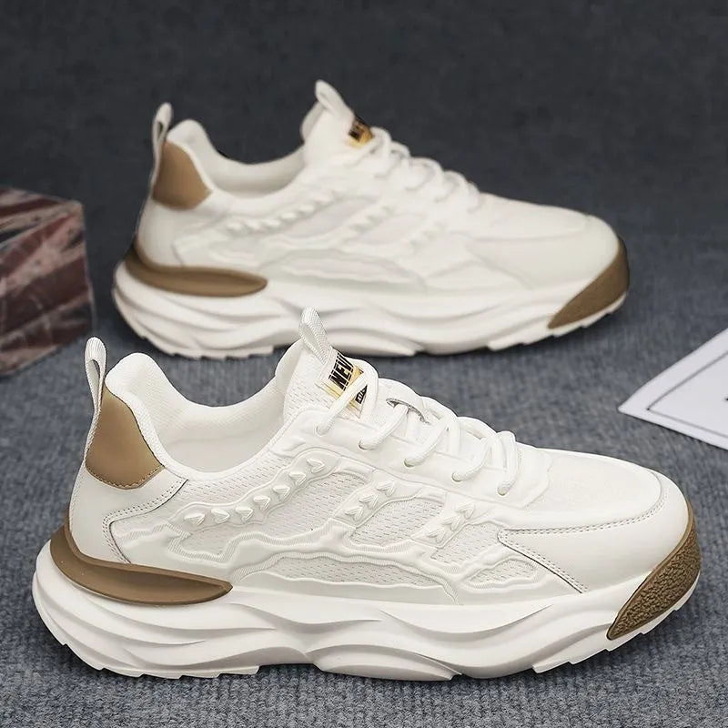 Men's breathable mesh shoes with PU upper material in black or white, showing round toe design