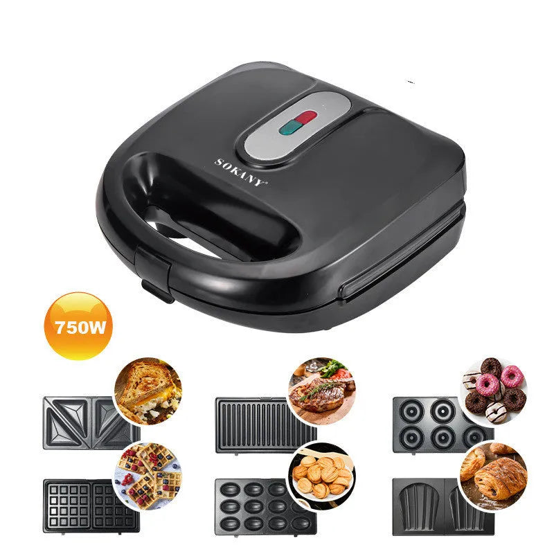 Black electric sandwich pan with double-sided heating, brushed stainless steel cover, and 29-31cm non-stick cooking surface