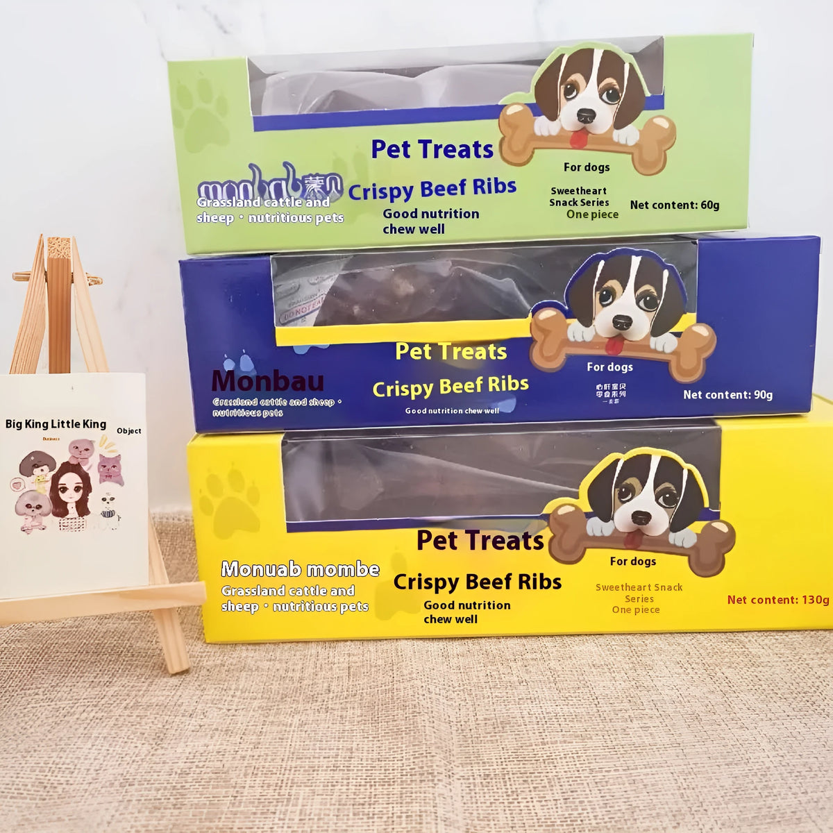 Beef marrow bone dog chew stick snack in small green, medium blue, and large yellow size options