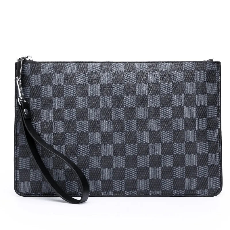 Men's black PU leather clutch with six card slots, measuring 18cm by 28cm, on a table