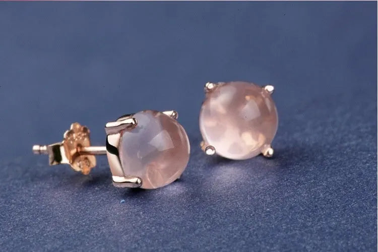 Women's rose gold drop stud earrings with crystal inlay on synthetic ross quartz, Korean style design