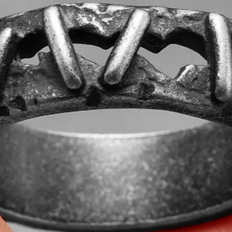 Stainless steel double ring with dark punk stitching style showing layered bands and surface detailing