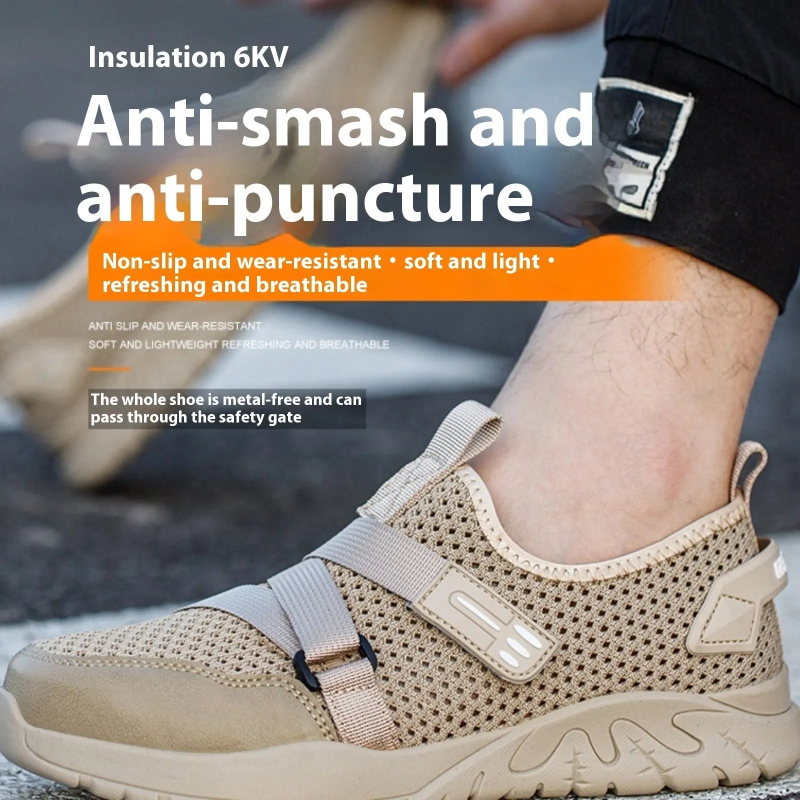 Grey anti-smash anti-puncture insulation safety work shoes with woven upper and thick rubber sole