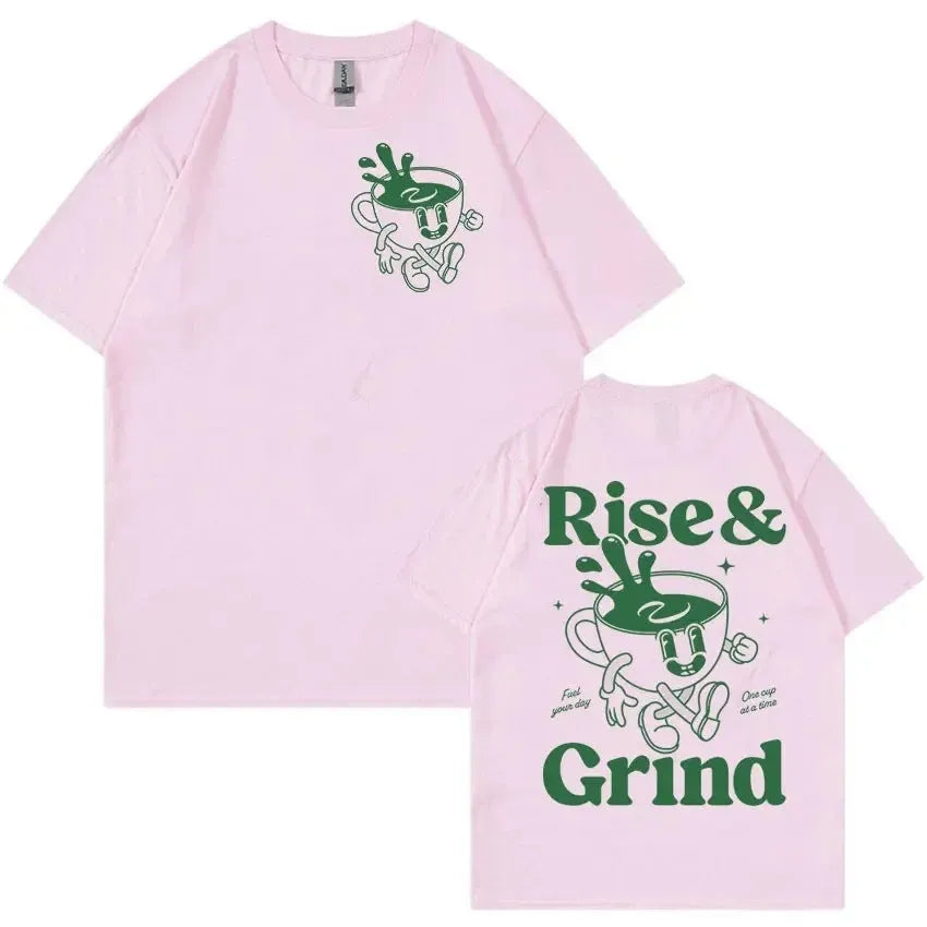 Rise And Grind Green Coffee cartoon graphic on a loose-fit linen t-shirt in multiple colours