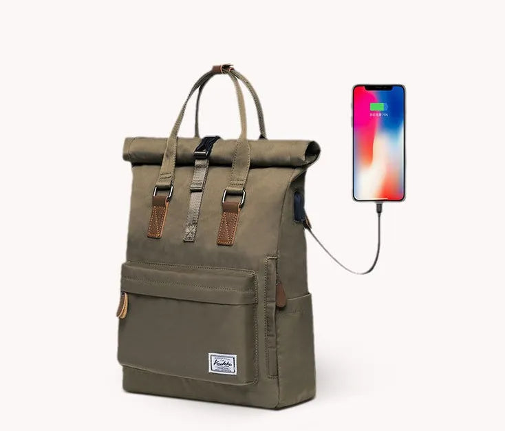Casual polyester backpack with cover opening showing internal laptop pocket and zipper compartment