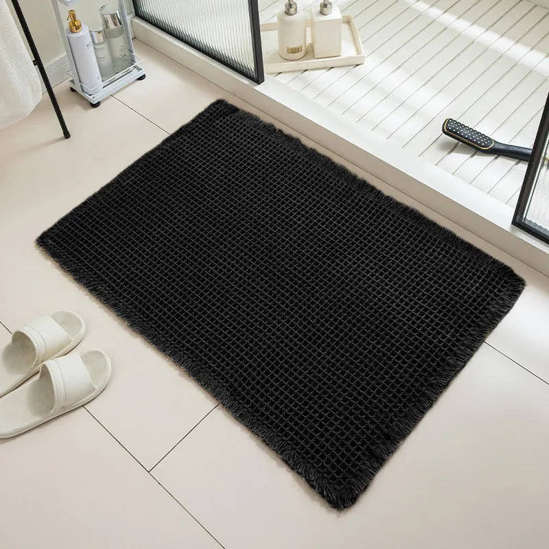 Square checkered pattern bathroom carpet with non-slip backing in beige colour, 61x92cm size