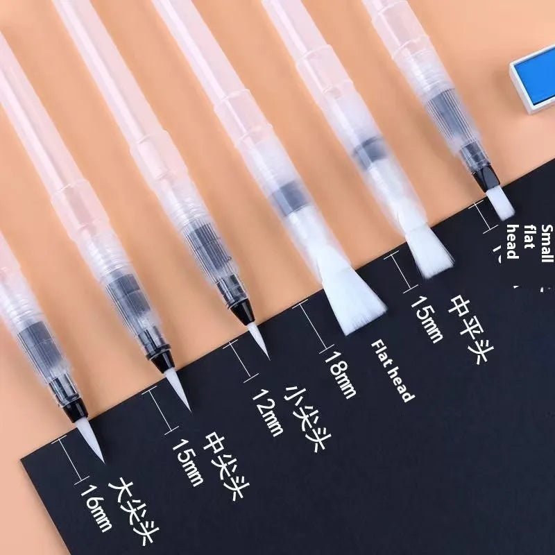 Watercolour pen set with pointed and flat soft wool tips in small, medium, and large sizes