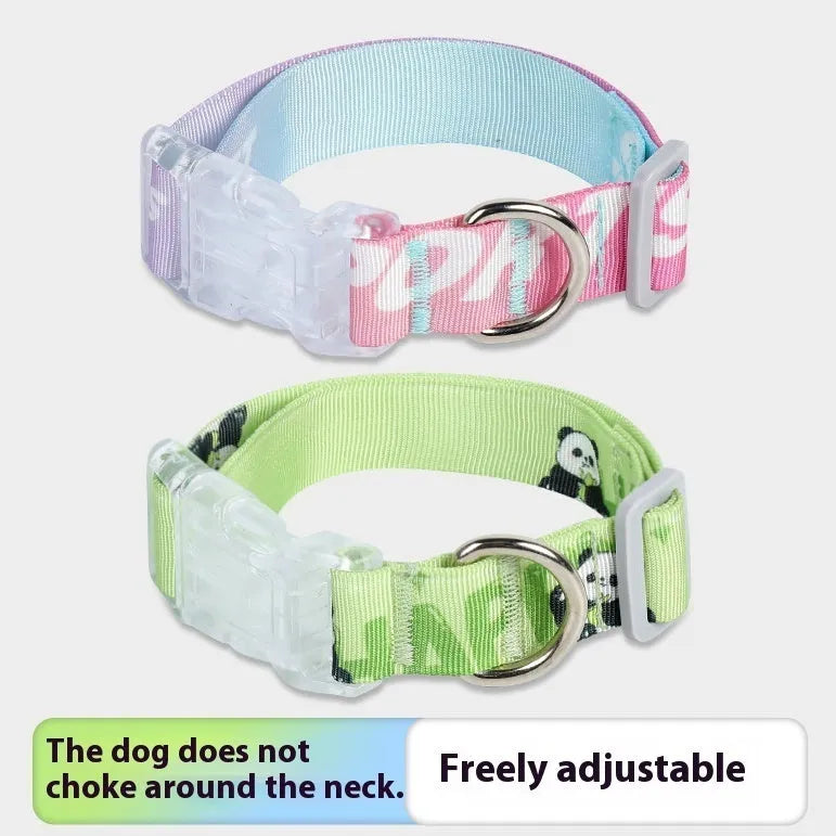 Adjustable nylon dog collar with cartoon gradient printing in gradient colour or panda green, showing secure buckle and size tags.