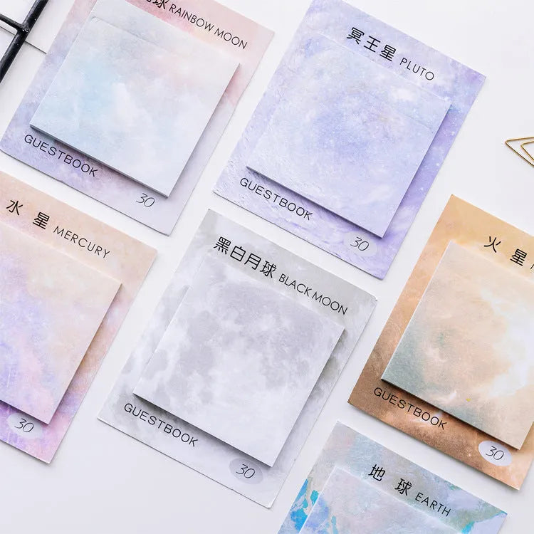 Square 7.3cm planet sticky notes pad with 30 sheets showing oil painting designs of Earth, Mars, and other planets