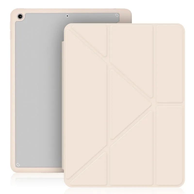 iPad acrylic Y folding protective case with pen slot in imitation leather, showing bracket function