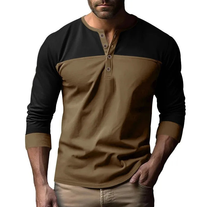 Men's brown army green long sleeve henley collar casual shirt with retro colour matching panels.