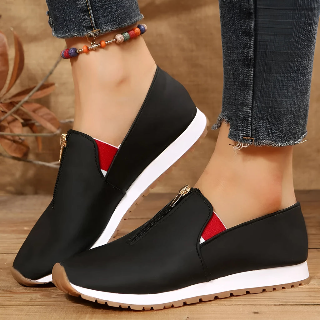 Women's zip flats loafers in red, black or dark blue with round toe and low heel