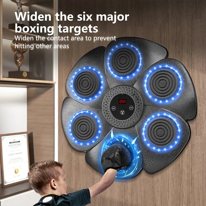 Black smart boxing target mounted on wall with Bluetooth connectivity and light feedback system