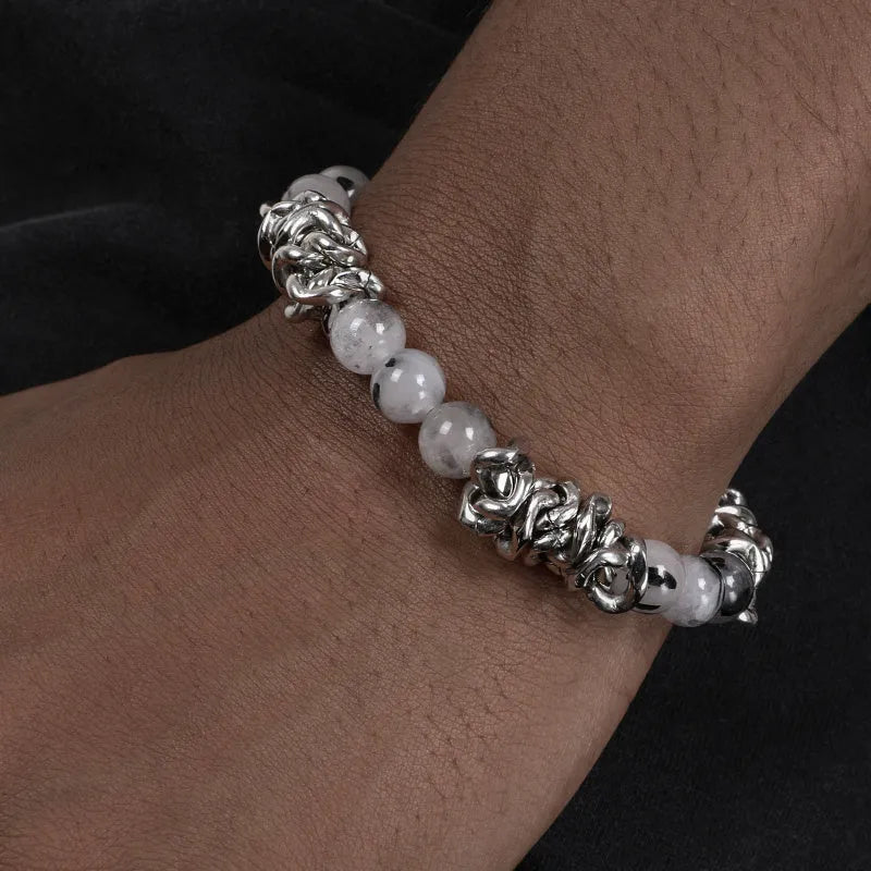 Hip hop black hair crystal bracelet with polished steel links, silver tone, 18cm plus 5cm extended chain