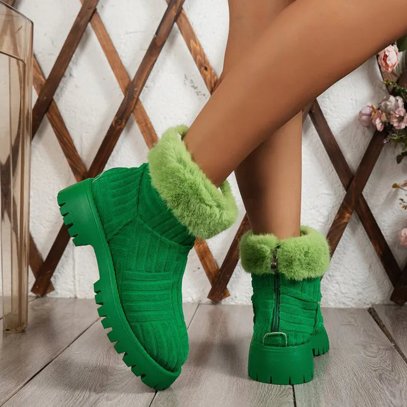 Women's winter ankle boots with thick rubber sole, artificial PU upper and cotton lining, in green or rose red