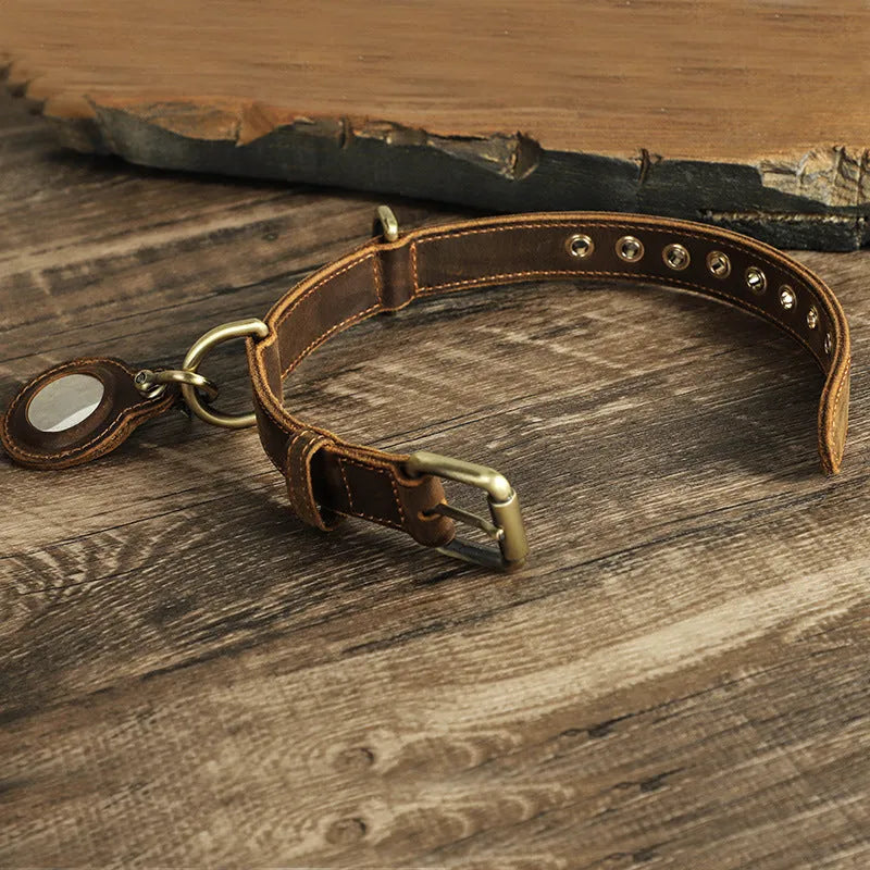 Brown handmade genuine cowhide leather dog collar with lanyard, shown in retro style.
