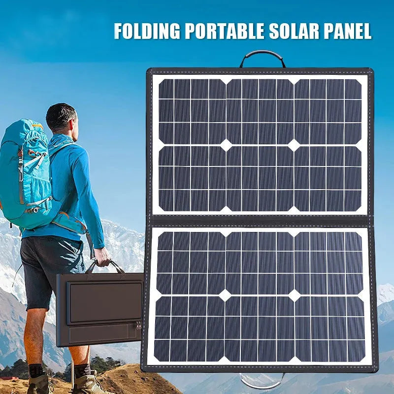 Black 40W solar folding bag showing 425x285x8mm folded size with single crystal panel for outdoor charging