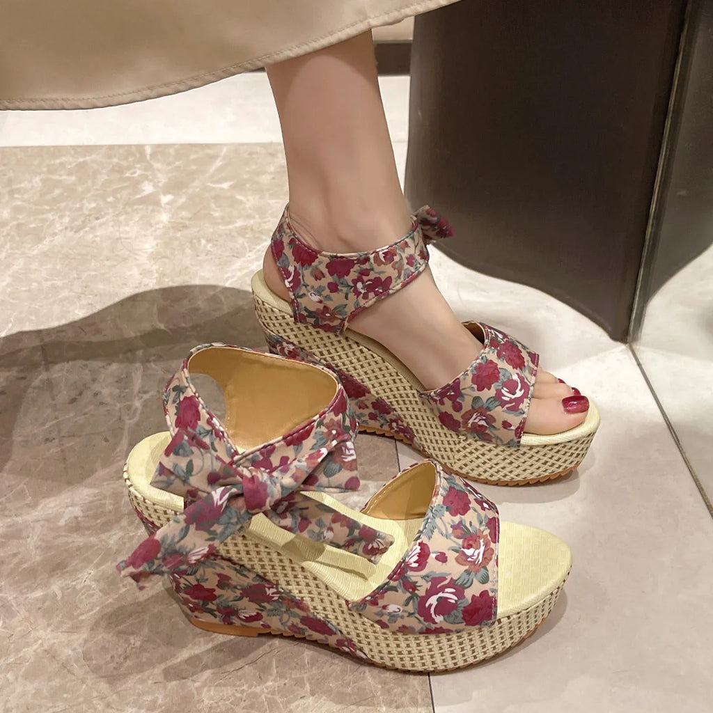 Women's floral wedge peep toe sandals with ankle-strap buckle on rubber sole