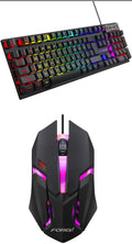 Black backlit 104-key gaming keyboard with mouse, showing ABS construction and 1.5m cable