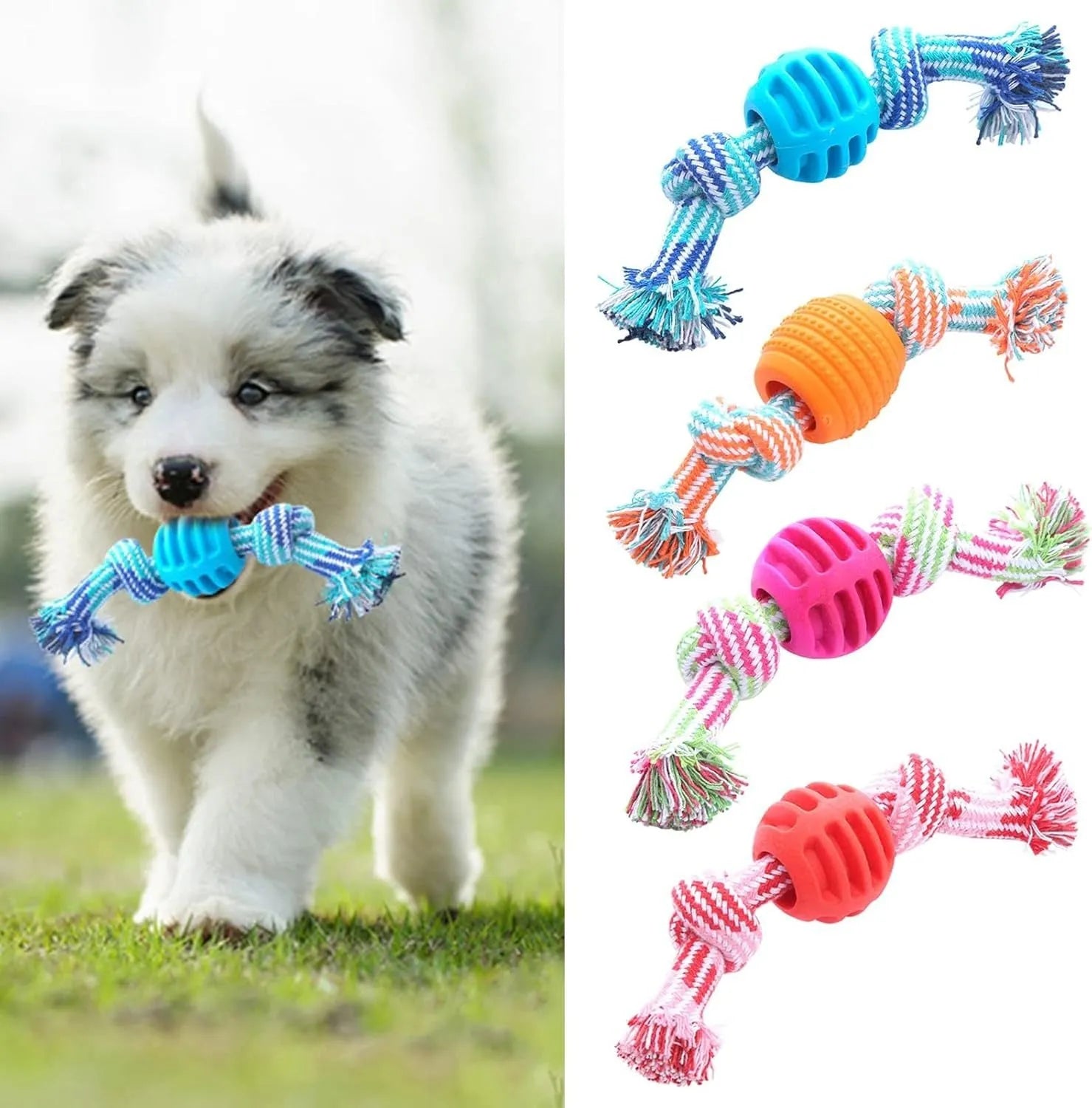 Blue dog chew toy with ropes and textured surfaces for dental cleaning