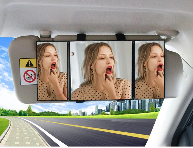 Silver car folding makeup mirror showing 15.5*14cm closed size and 30.5*14cm open dimensions