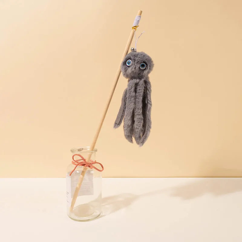 Octopus-themed cat toy on a 40cm stick in bright colours for indoor kitten play