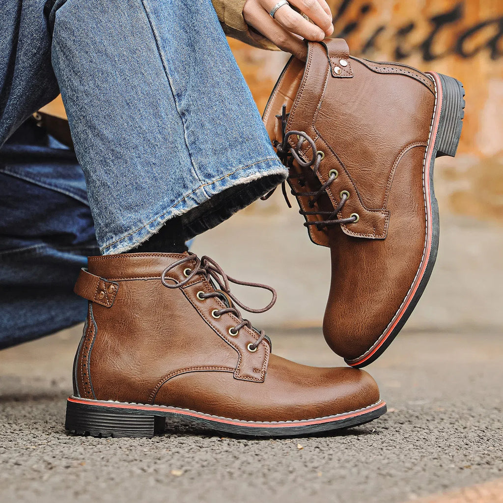 Men's retro lace-up Western boots in black or brown with mid horseshoe heel, round toe and embossed artificial PU upper