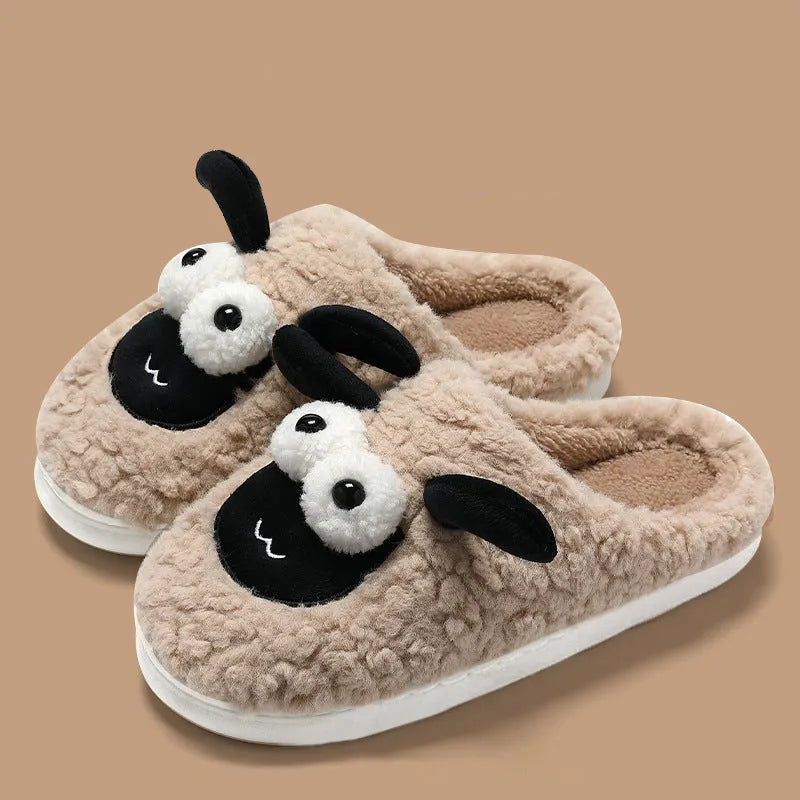Slip-on slippers with suede upper and PVC sole in white, grey, or brown, showing sewn construction and UK sizes 36-45