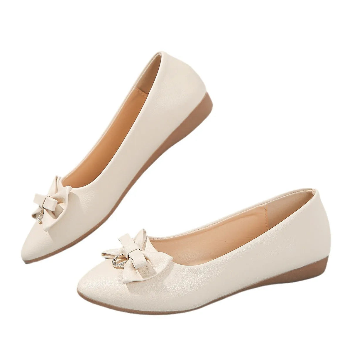 Women's flat casual shoes with bowknot detail and shallow mouth opening in beige colour