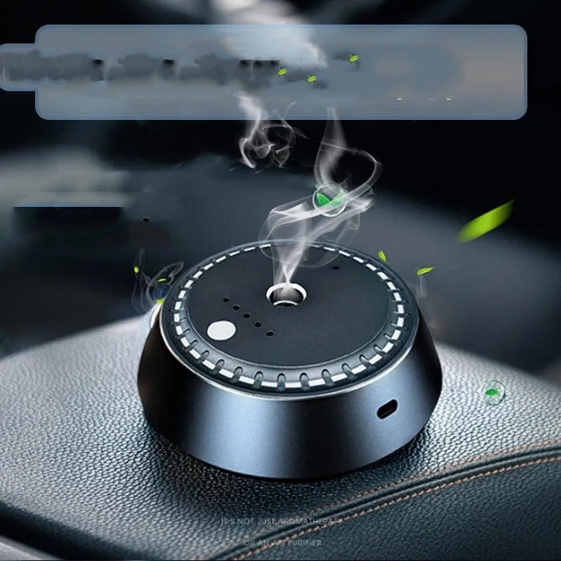 Black metal USB car aroma diffuser measuring 9x4.5cm with 30ml reservoir capacity