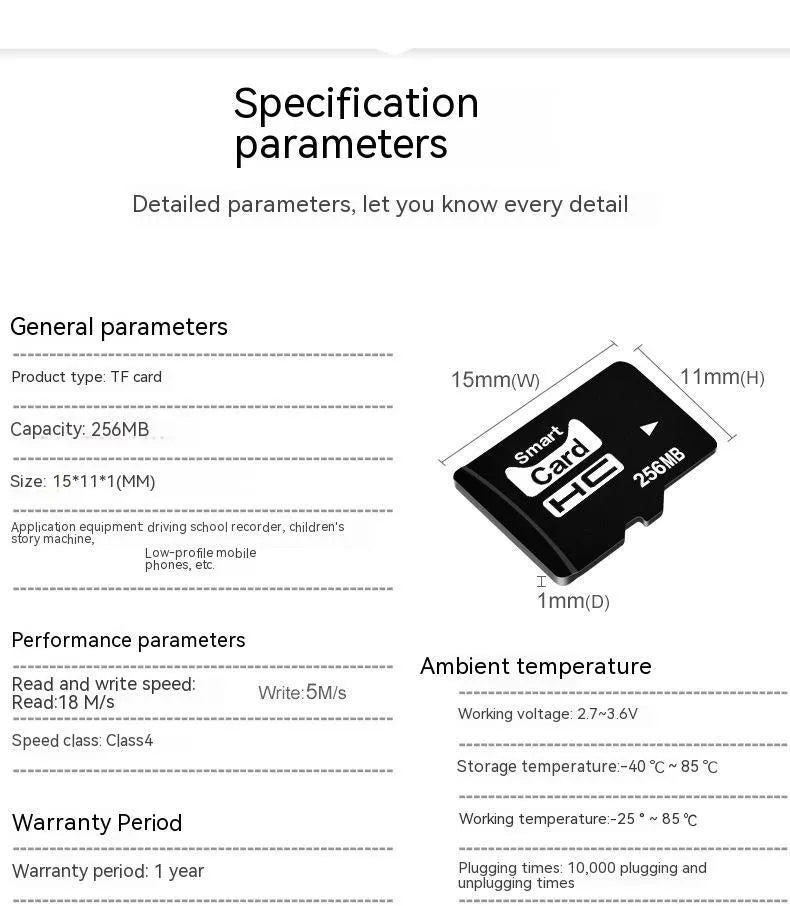 256MB TF memory card with 11x15x1mm dimensions for MP3, MP4, and mobile phone storage