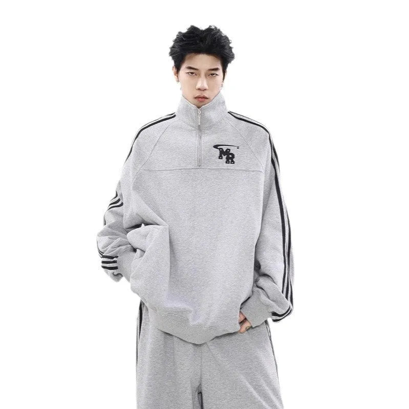 Black stand collar polyester hoodie with American retro style and Hong Kong design elements for sports wear