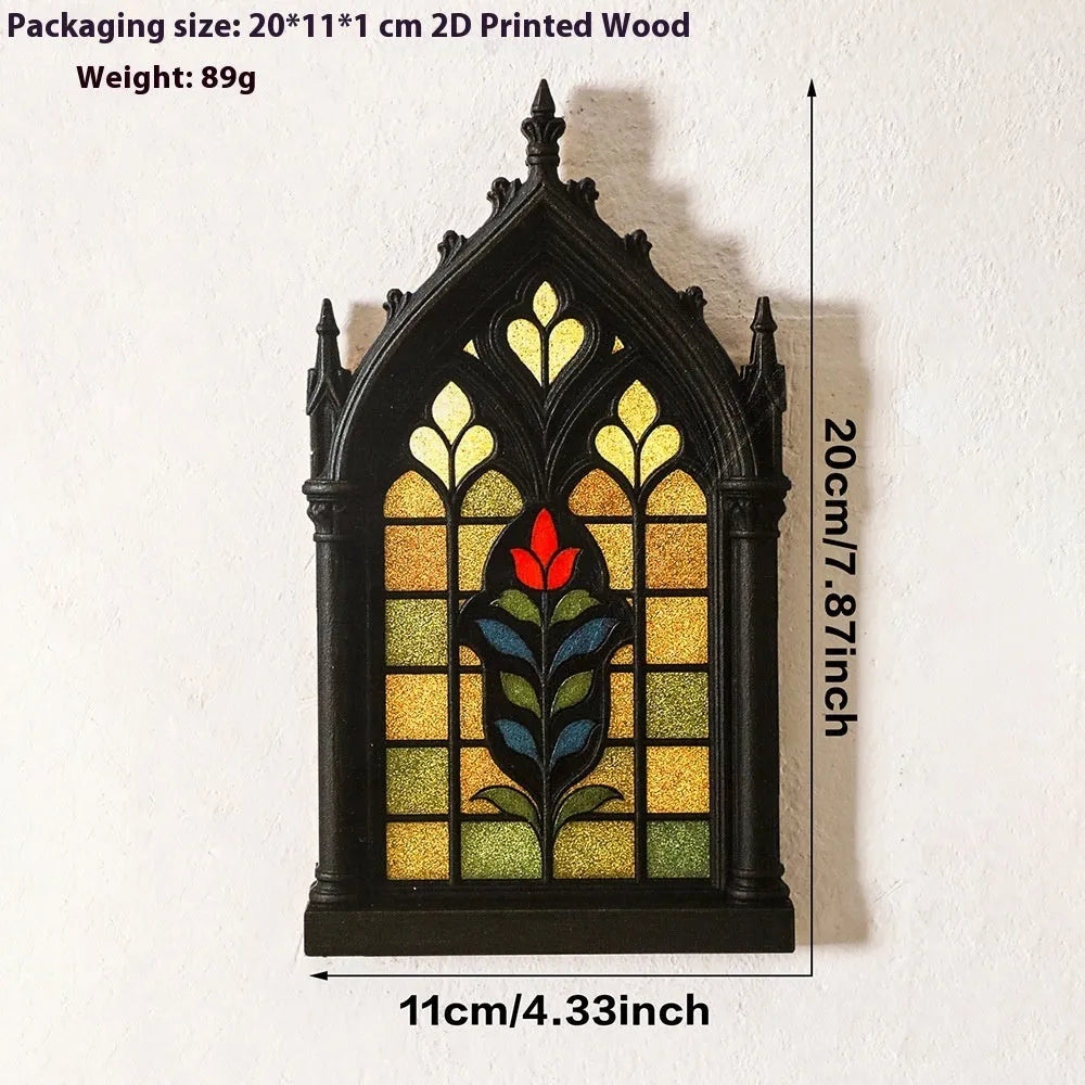 Black rustic wooden Gothic-style door frame wall rack for storage and decoration.