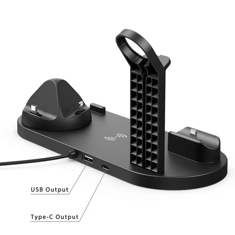 Aluminium wireless charging stand for mobile phone with headset and watch holder in silver colour