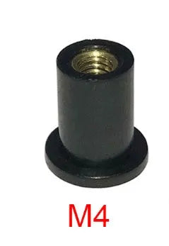 Pack of 10 black rubber brass well nut fasteners for motorcycle windshields in M4, M5, and M6 sizes.