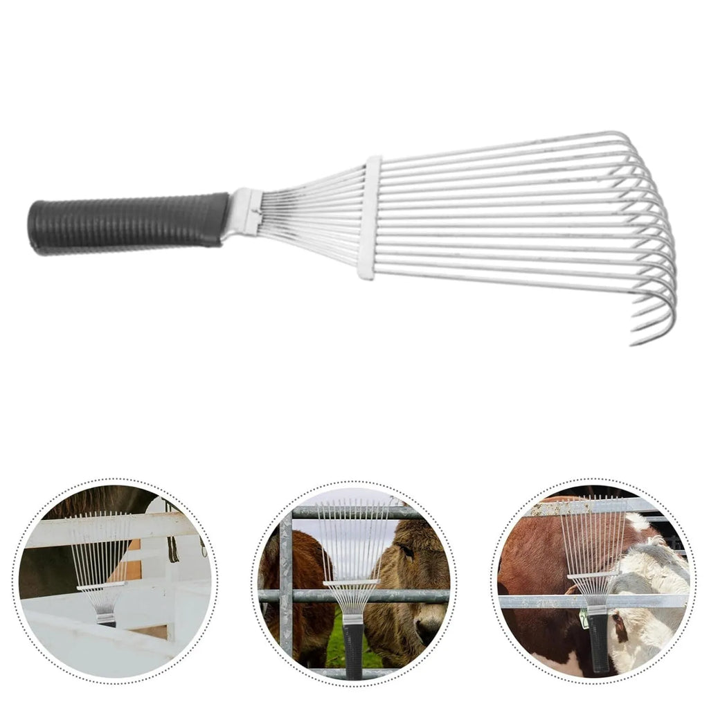 Stainless steel dematting brush rake comb for pet grooming, measuring 33x12cm with smooth teeth