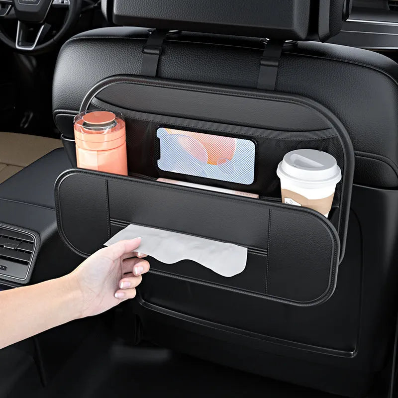 Black leather car seat rear storage bag with dimensions 36cm by 24cm by 8cm.
