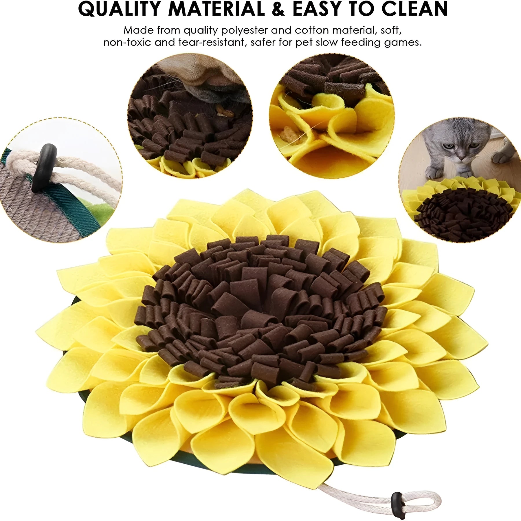 Yellow sunflower pattern dog snuffle mat measuring 37.5cm square with rope attachment