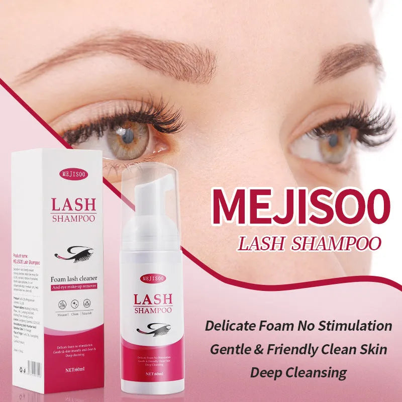 LASH SHAMPOO Mousse Eyelash Cleaning Solution 60ml in 3.7cm by 13.5cm white bottle with blue text