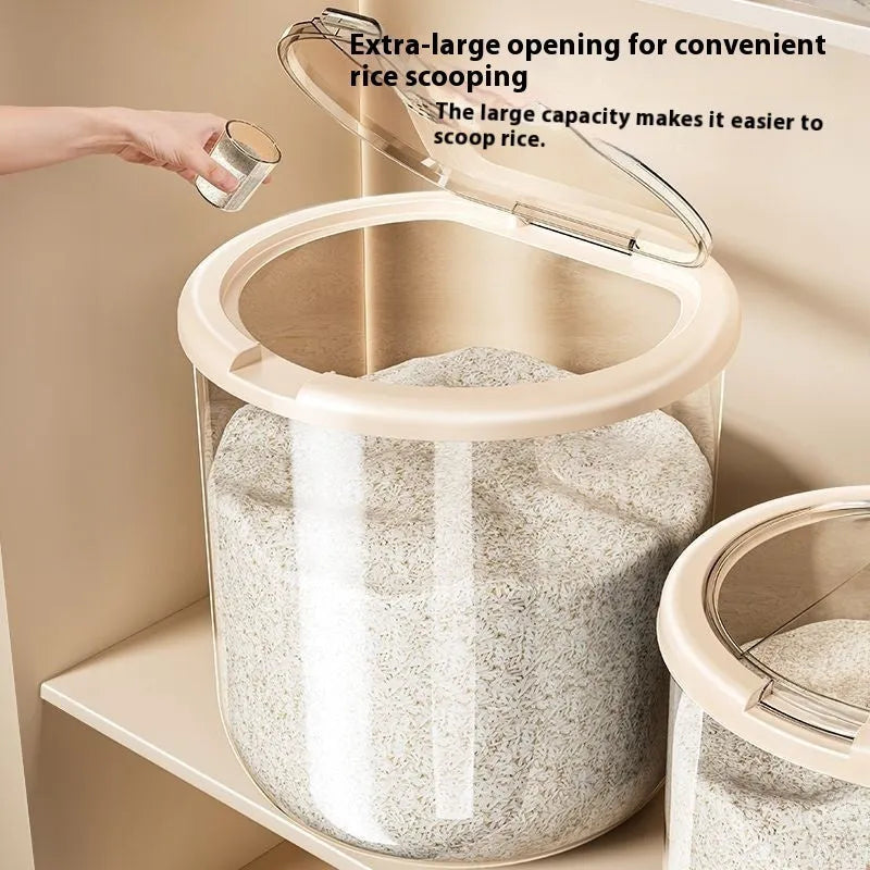 Transparent plastic grain storage tank with measuring cup, showing clear capacity markings.