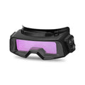 Black automatic welding mask with 122.5x35mm viewing area showing automatic darkening lens and adjustable headgear